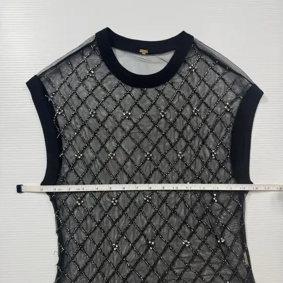 Free People Disco Nights Mesh Beaded Top Black Sheer Rhinestone Festival Unisex - Picture 5 of 16